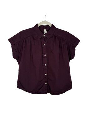Pact Organic Cotton Merlot Button-Up Short-Sleeve Blouse, XS